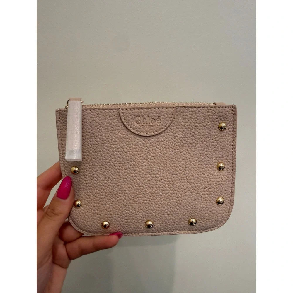 Chloe Parfums Pink Pebbled Faux Leather Studded Zip Pouch Makeup Bag NIB
